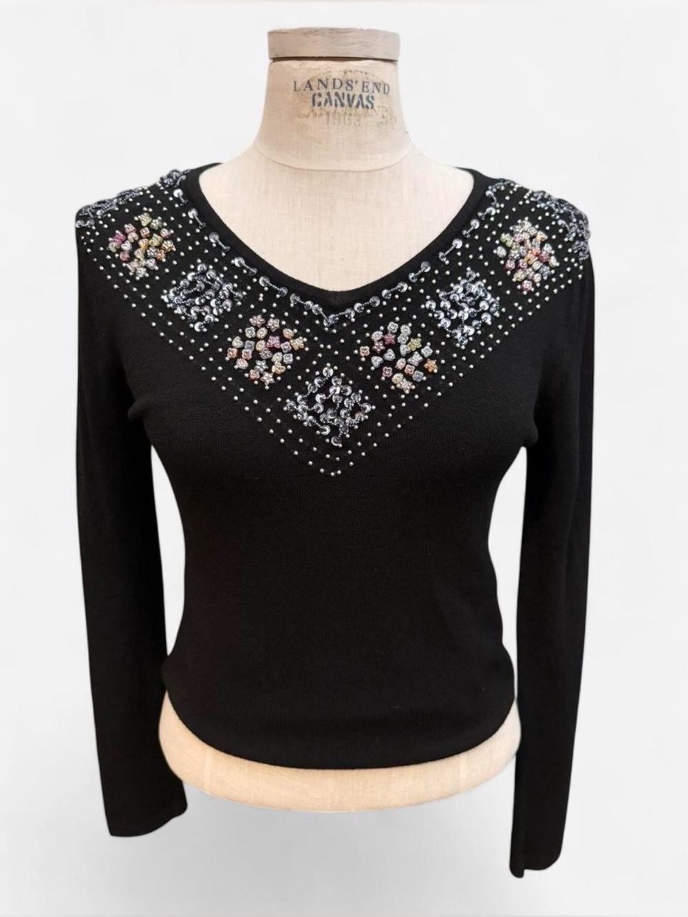 Vintage Embellished Black V‑Neck Sweater